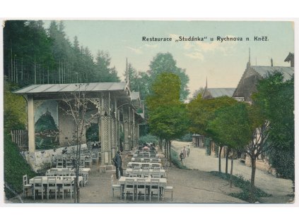 57 - Rychnovsko, Lázně Studánka, Restaurace, oživená partie, cca 1908