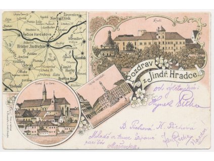 24 - Jindřichův Hradec, 4 záběrová litografie, mj. Náměstí, Kostel..., 1900