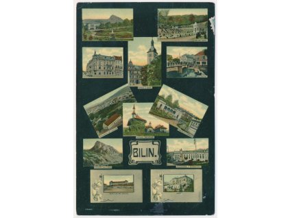 65 - Teplicko, Bílina, 12- ti okénková koláž dominant města, cca 1907