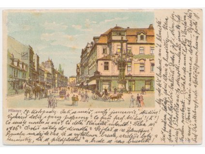 49 - Praha, Příkopy, oživená ulice, koňské kočáry, cca 1900