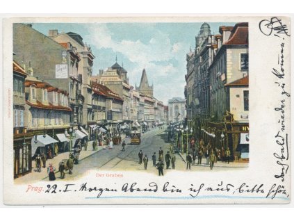 49 - Praha, Der Graben, Příkopy, oživená ulice, tramvaje..., cca 1901