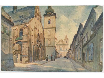 28 - Klatovy, Děkanský chrám a Bílá věž, oživená ulice, cca 1928