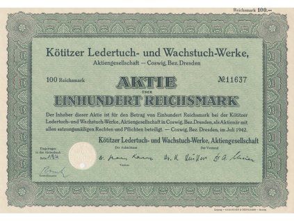 Akcie, Kötitzer Ledertuch - und Waschtuch - Werke, 100 Reichsmark, 1942