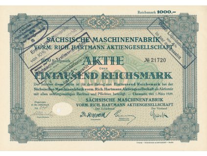 Akcie, Sachsische Maschinenfabrik, 1000 Reichsmark, 1929