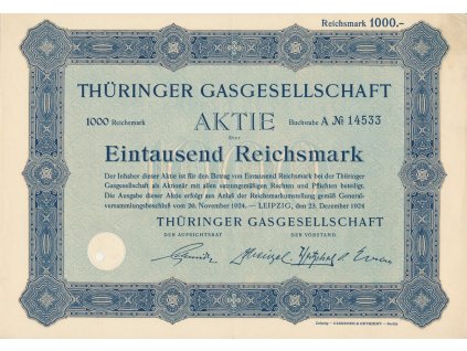Akcie, Thüringer Gasgesselschsft, 1000 Reichsmark, 1924