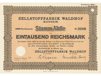 Akcie, Zellstoffabrik Waldhof, 1000 Reichsmark, 1934