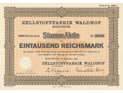 Akcie, Zellstoffabrik Waldhof, 1000 Reichsmark, 1941