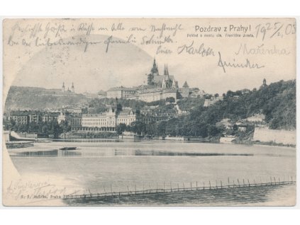 49 - Praha, koláž, Pohled z mostu císaře Františka Josefa, cca 1903