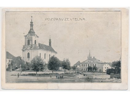 35 - Mělnicko, Mělnické Vtelno, oživená partie z návsi s kostelem, 1916