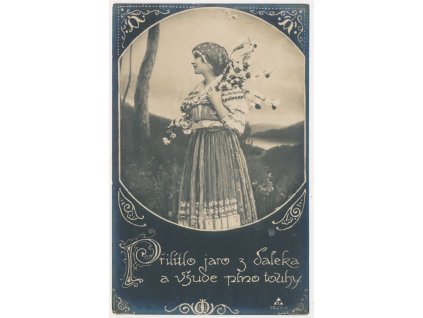 Milostná pohlednice, "Přilítlo jaro z daleka a všude plno touhy", cca 1920