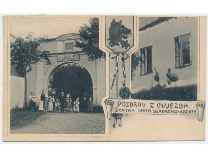 15 - Domažlicko, 2 záběrová koláž, Kozinův statek v Újezdě, Hostinec, cca 1912