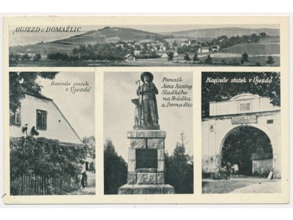 15 - Domažlicko, Újezd, 4 záběr, Kozinův statek, pomník..., cca 1938