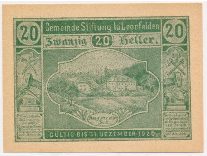 Rakousko, nouzová bankovka 20 h, Leonfelden, 1920, krásný stav UNC