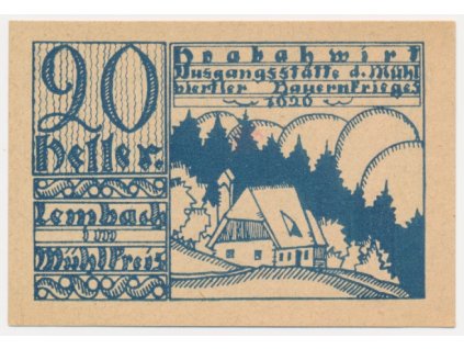 Rakousko, nouzová bankovka 20 h, Lembach, 1920, krásný stav UNC