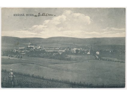 54 - Příbramsko, Krásná Hora nad Vltavou, oživený celkový pohled, 1914