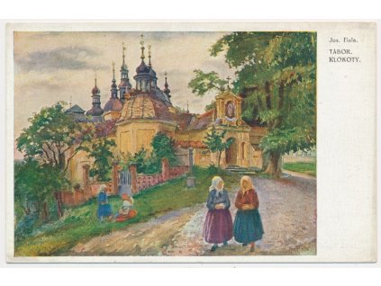 64 - Tábor, Klokoty, oživená partie u kostela, J. Fiala, cca 1922