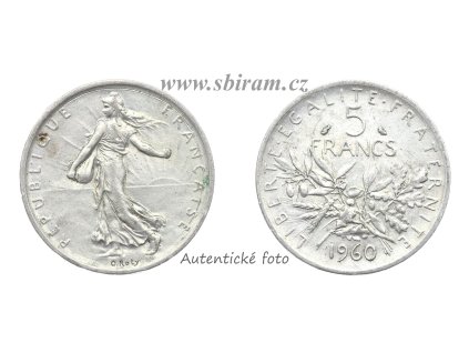 Francie, Ag (stříbrná) mince 5 Franků, 1960, stav 1/1