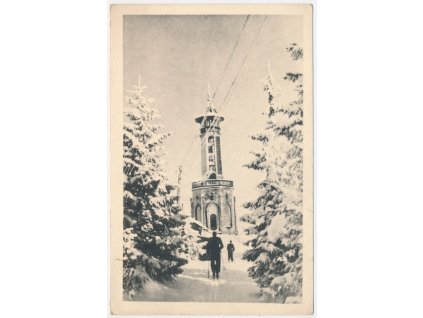 20 - Jablonecko, oživená zimní partie u rozhledny "Štěpánka", cca 1951