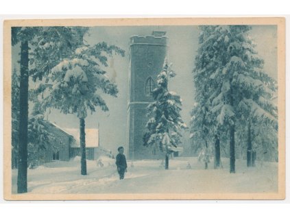 58 - Semilsko, Krkonoše, Žalý, oživená zimní partie u rozhledny, cca 1947