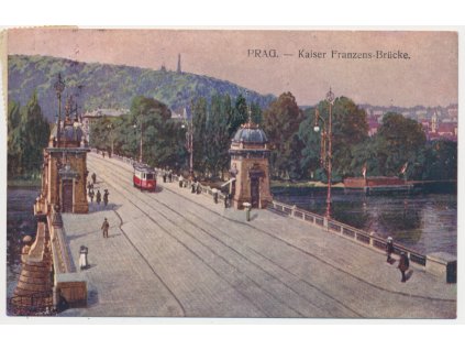 49 - Praha, Kaiser Franzens-Brücke, oživený most, tramvaj..., cca 1917