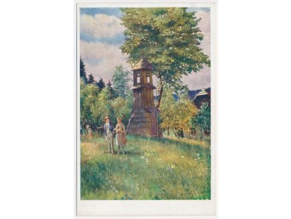 70 - Orlickoústecko, Litice nad Orlicí, oživená partie u zvoničky, cca 1929