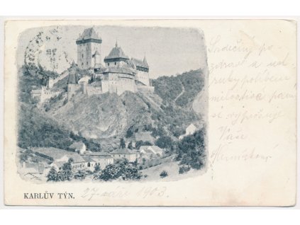 02 - Berounsko, Karlštejn, pohled na hrad a domy v podhradí, cca 1903