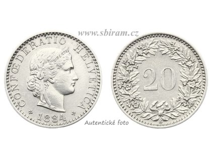 Švýcarsko, mince 20 Rappen, 1884, stav 1/1...viz autentické foto