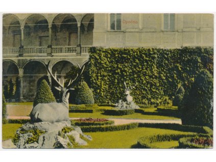 57 - Rychnovsko, Opočno, partie se sochou jelena ze zámeckého parku, 1908