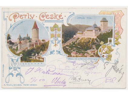 02 - Berounsko, Karlštejn a Křivoklát, 2 záběrová koláž hradů, cca 1900