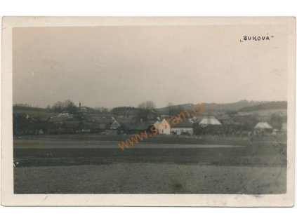 54 - Příbramsko, Buková, celkový pohled na vesnici, cca 1935