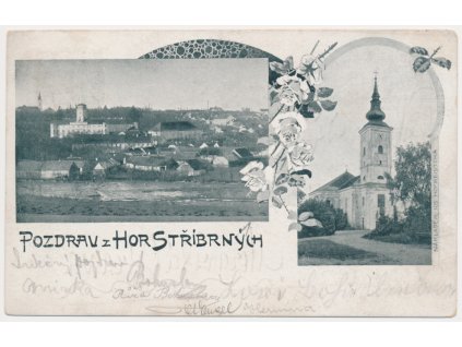 28 - Klatovsko, Stříbrné Hory, 2 záběrová koláž, Kostel, Celkový pohled, cca 1901