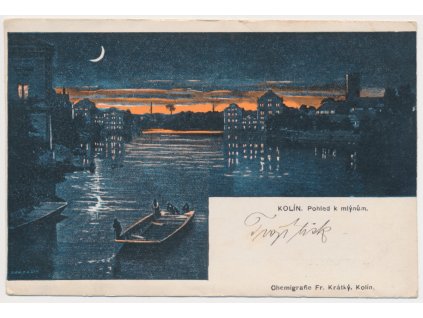 29 - Kolín, Pohled k mlýnům, lidé na loďce, cca 1900