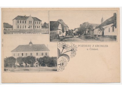 31 - Kutnohorsko, Krchleby, 3 okénková koláž s dominantami obce, cca 1902