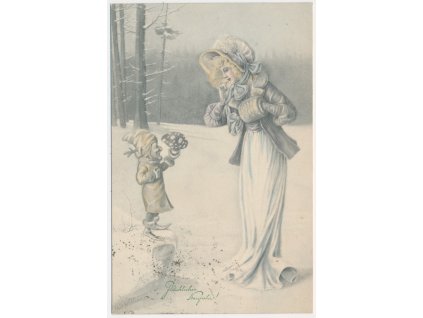 Novoroční přání, Dáma v klobouku a trpaslík, Glückliches Neujahr!, 1906