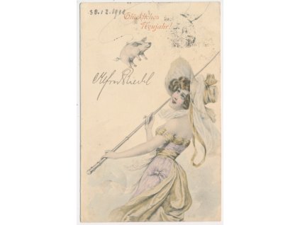 Novoroční přání, Glückliches Neujahr!, Dívka v klobouku, prasátko, 1901