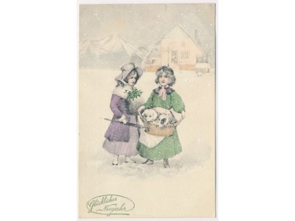 Novoroční přání, Glückliches Neujahr!, Dvě dívky, zasněžená krajina, 1912
