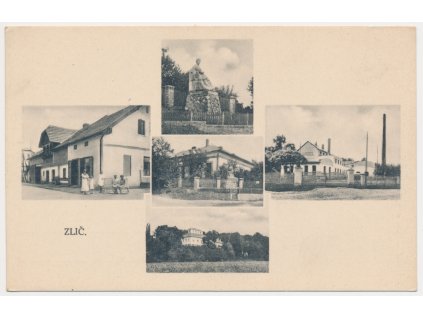 38 - Náchodsko, Zlíč, 5 - ti okénková koláž s dominantami vesnice, cca 1915