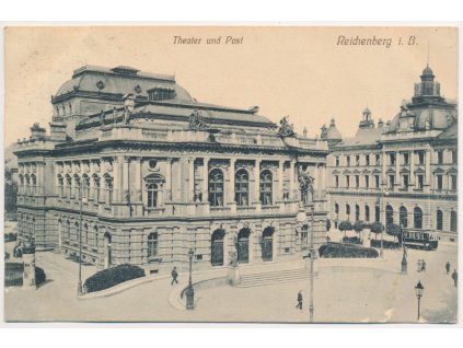 32 - Liberec (Reichenberg), Theater und Post, Divadlo, pošta, tramvaj..., 1913