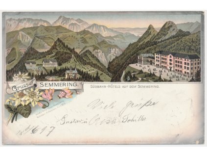 Rakousko, Semmering, litografie, Südbahn - Hotels auf dem Semmering, 1897