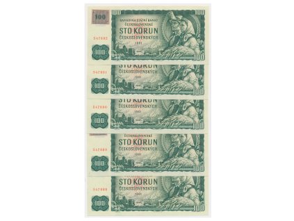 ČR, 100 Kč/Kčs 1961, II. vydání (kolek 1993), série G, 5 ks po sobě jdoucích sériových čísel