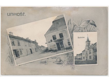 27 - Kladensko, Unhošť, 2 okénková koláž, Obchod s tabákem, Radnice, 1908