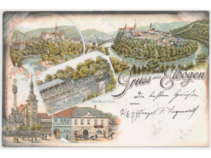 59 - Sokolovsko, Loket (Elbogen), 5-ti záběrová litografie města, 1897