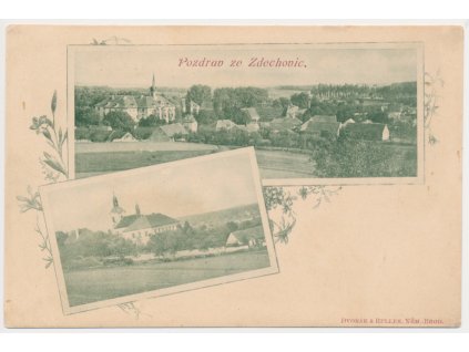 44 - Pardubicko, Zdechovice, 2 okénková koláž, celkový pohled, kostel, cca 1906