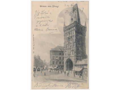 49 - Praha, koláž, Der Pulverthurm, oživená partie u Prašné brány,1902