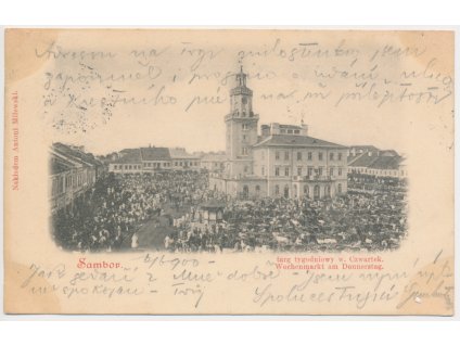 Ukrajina, Sambor, oživené náměstí s trhy, cca 1900