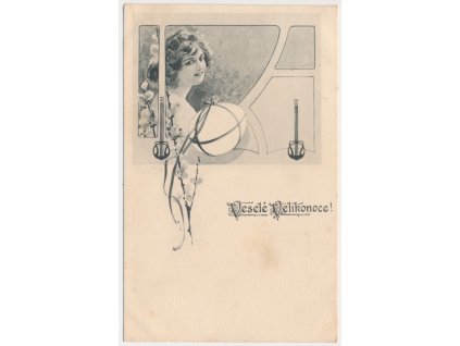 Veselé Velikonoce, secesní koláž s dívkou, cca 1909