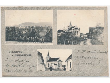 12 - Českobudějovicko, Chrášťany, 3 okénkový záběr oživených partií obce, cca 1917