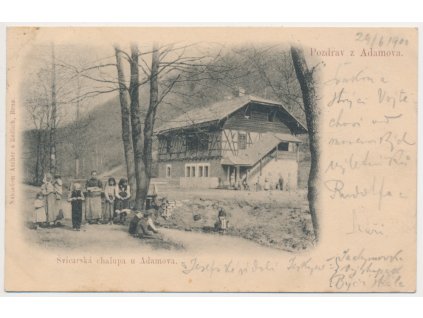 03 - Blansko, oživená partie u Švýcarské chalupy u Adamova, "Švýcárna", cca 1900