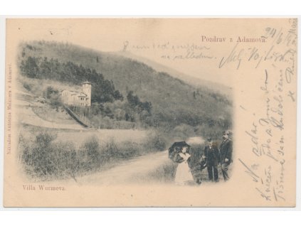 03 - Blansko, Adamov, oživená partie s pohledem na Wurmovu vilu, 1900