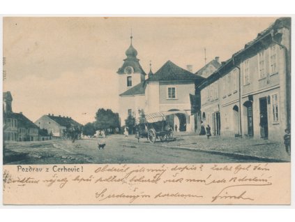 02 - Berounsko, Cerhovice, oživená partie z návsi, cca 1900